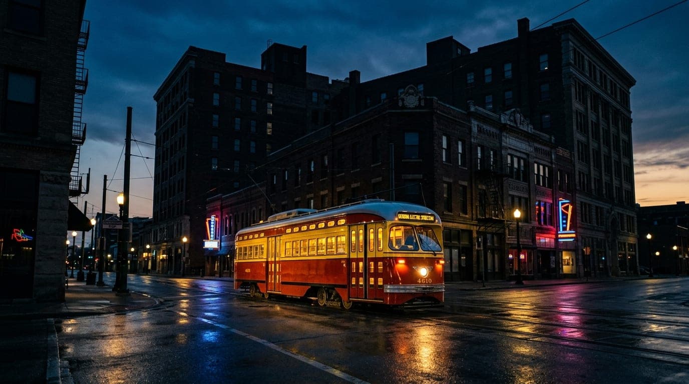 A low-angle shot of the glowing Kenosha Electric Streetcar parked on a midnight street, neon lights reflecting on wet asph...
