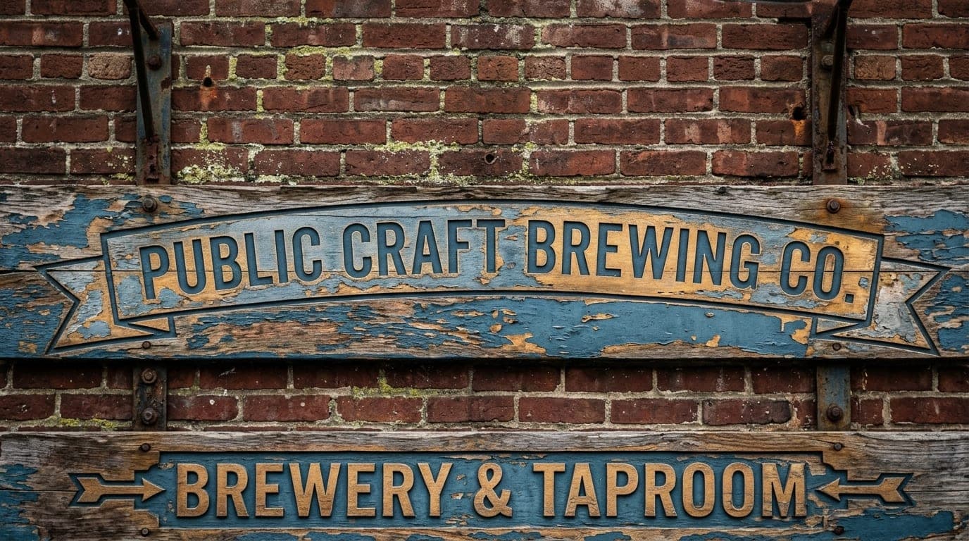 An overhead 100mm macro flat-lay of the vintage signage and weathered brick textures of the Public Craft Brewing Co. facad...