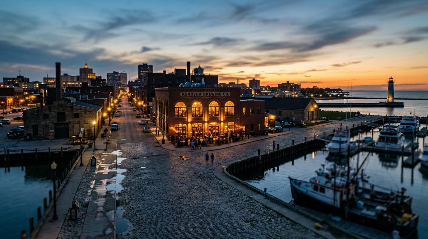 A wide, tilt-shift shot of Kenosha’s harbor at dusk. Leading lines of cobblestone streets pull the eye toward the glowing,...