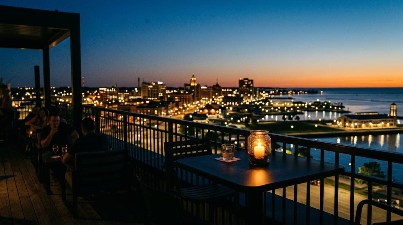 A medium shot at dusk from The Apis Hotel rooftop, looking toward the lit Kenosha skyline. A lone candle flickers on a dar...
