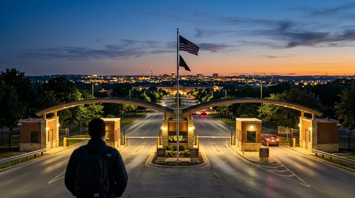 A 24mm wide-angle, symmetrical shot of the illuminated Clear Creek gate at Fort Cavazos during blue hour, with the Killeen...