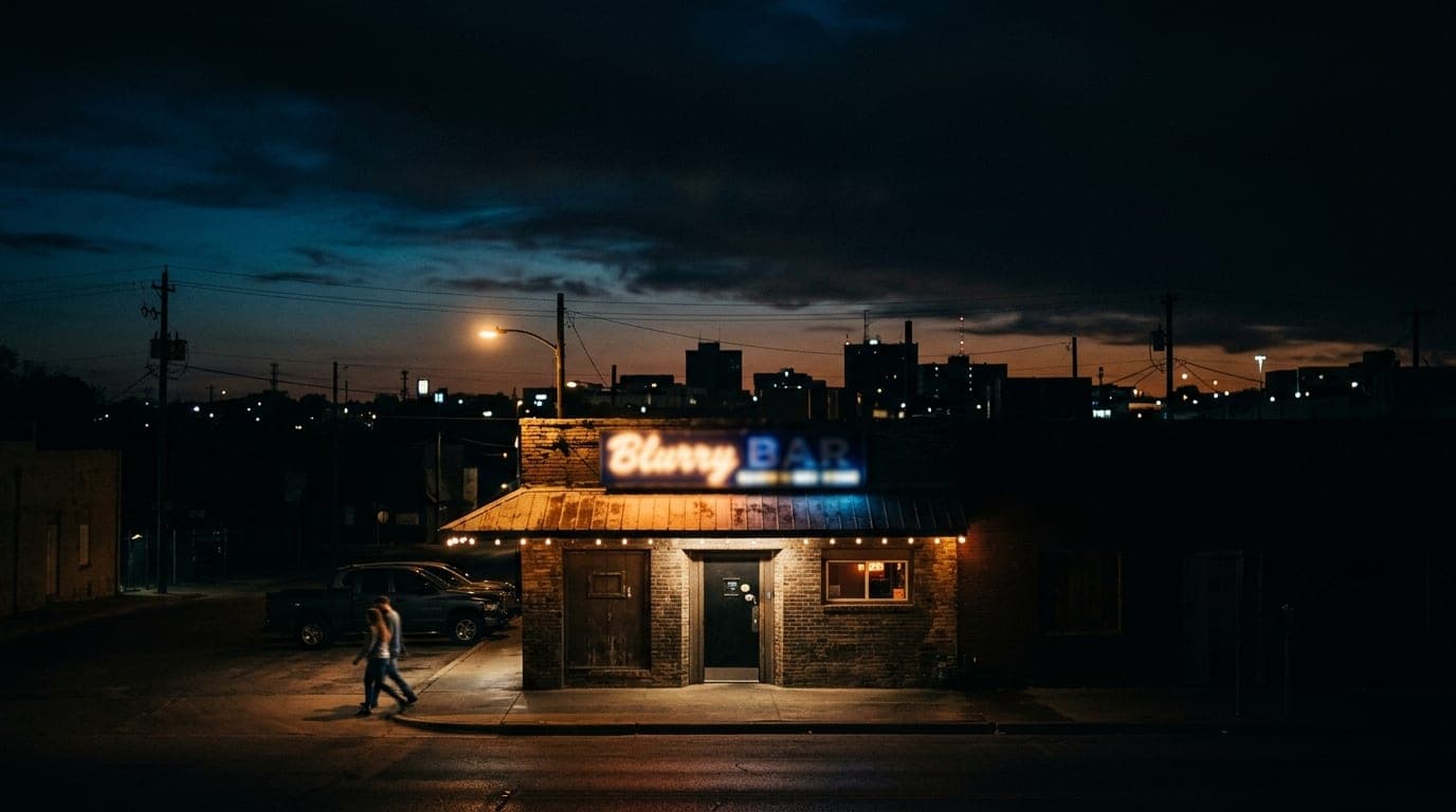 A 50mm low-angle shot captures the neon-lit, blurred storefront sign of a downtown Killeen bar at midnight, set against th...