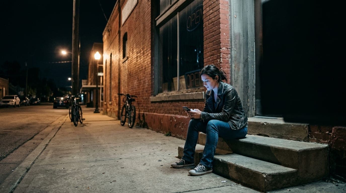 A lone woman in a leather jacket sits on the concrete steps of a faded brick storefront at midnight. Her smartphone glows,...