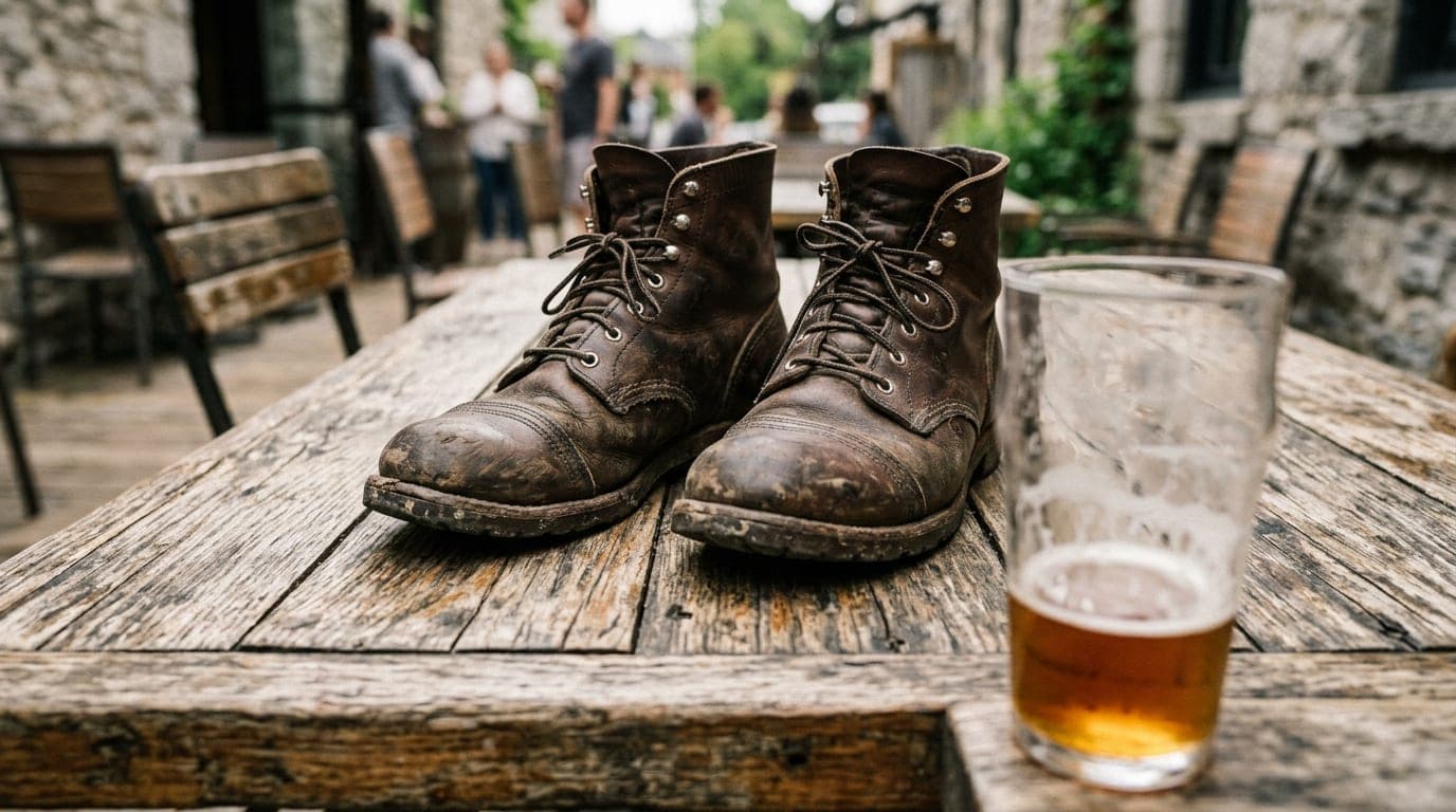 100mm macro, overcast morning. A pair of worn leather boots rests on the weathered, rustic wooden floorboards of The Gin’s...