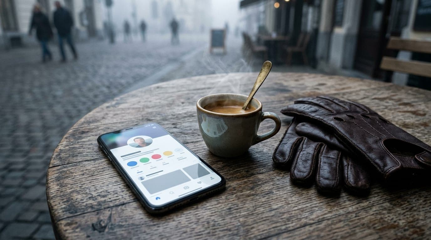 Overhead flat-lay on a weathered wooden cafe table. A smartphone displaying a Feeld profile sits beside a steaming espress...