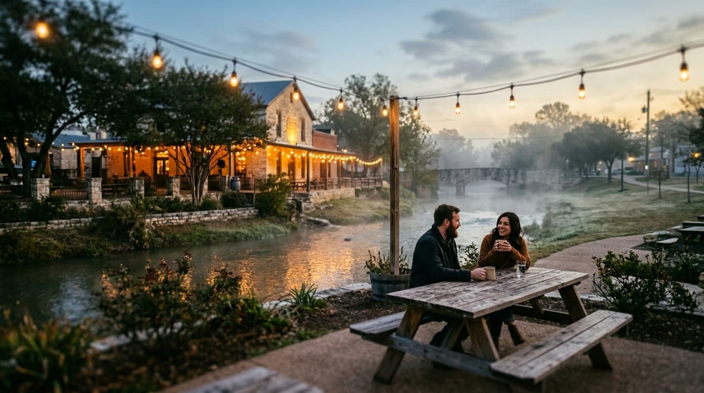 Wide establishing shot at night. Selective focus on two people sitting at a rustic outdoor picnic table at Barrow Brewing...