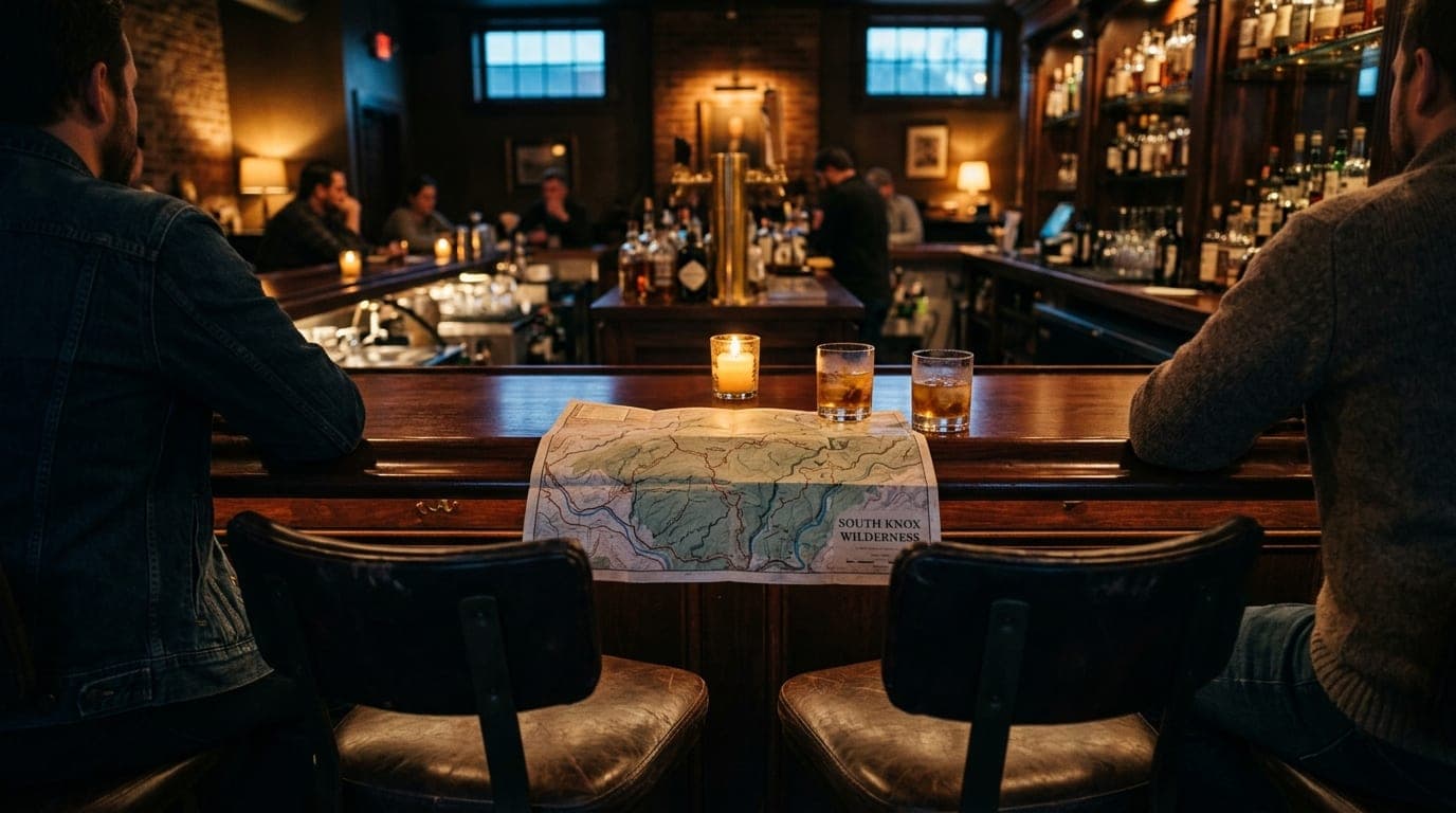 Two leather bar stools face a polished mahogany counter in a moody Knoxville speakeasy. A trail map of the South Knox wild...