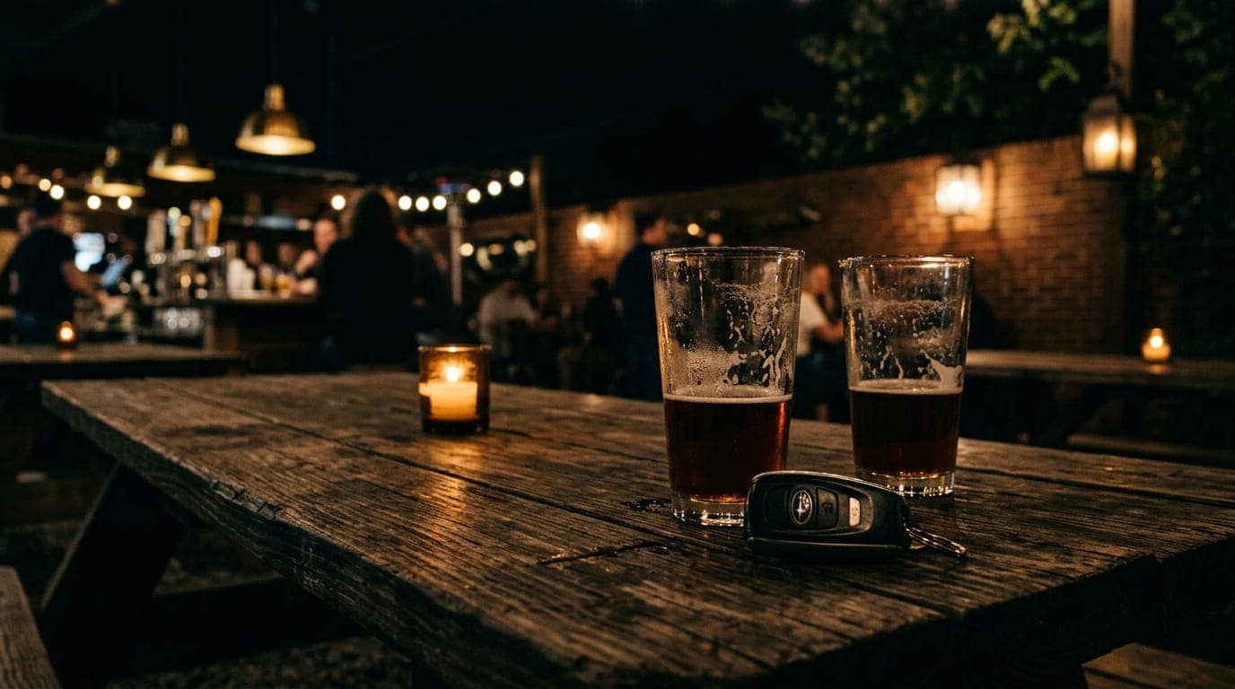 A low-angle view of a weathered outdoor picnic table at the Bearden Beer Market at midnight. Two half-empty craft beer gla...