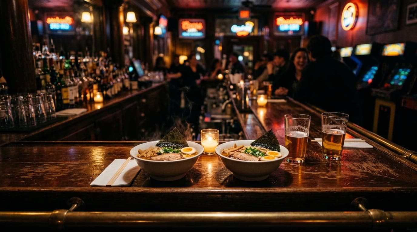 A centered medium shot of a polished wooden bar at Suttree’s. Two steaming bowls of ramen sit beside half-empty beer pints...