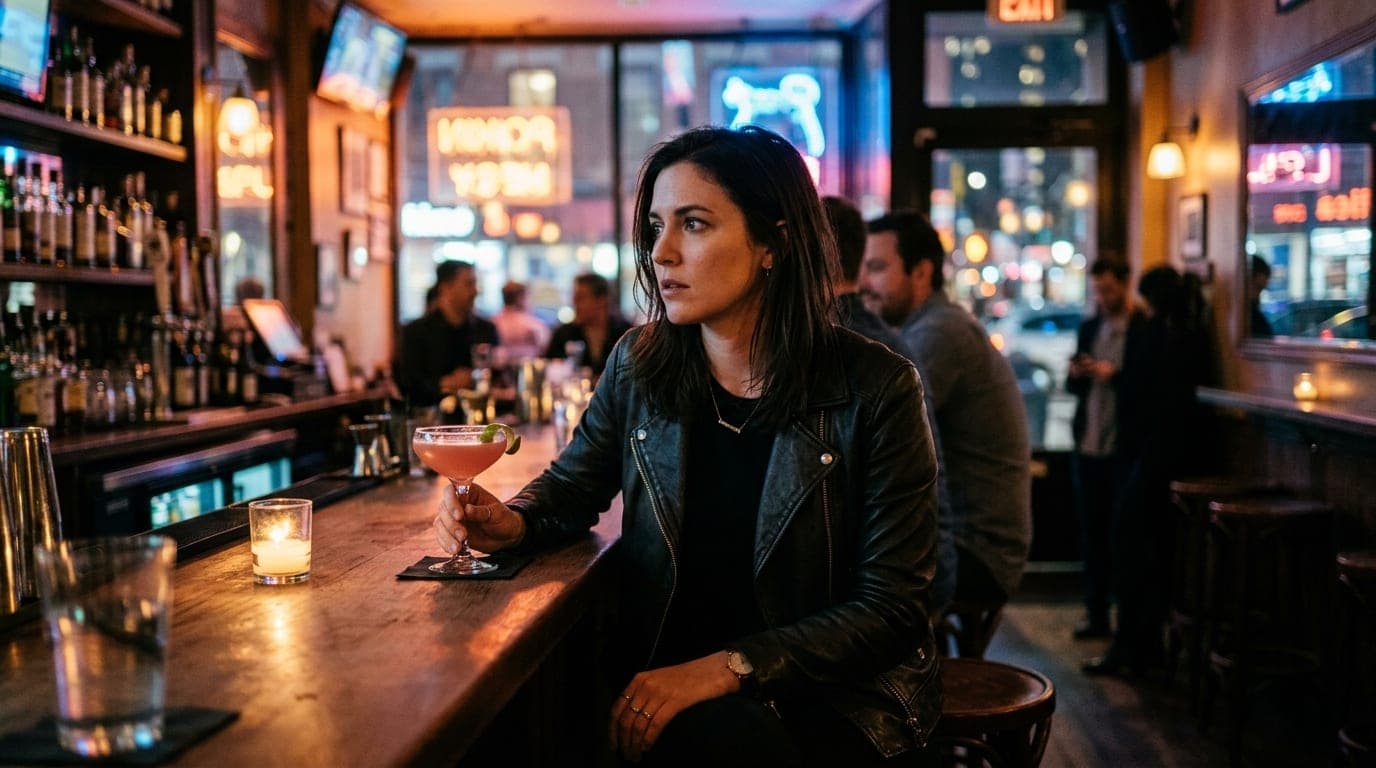Medium shot, 35mm documentary: A woman in a dark leather jacket sits at a bright, candle-lit bar counter. She holds a cock...