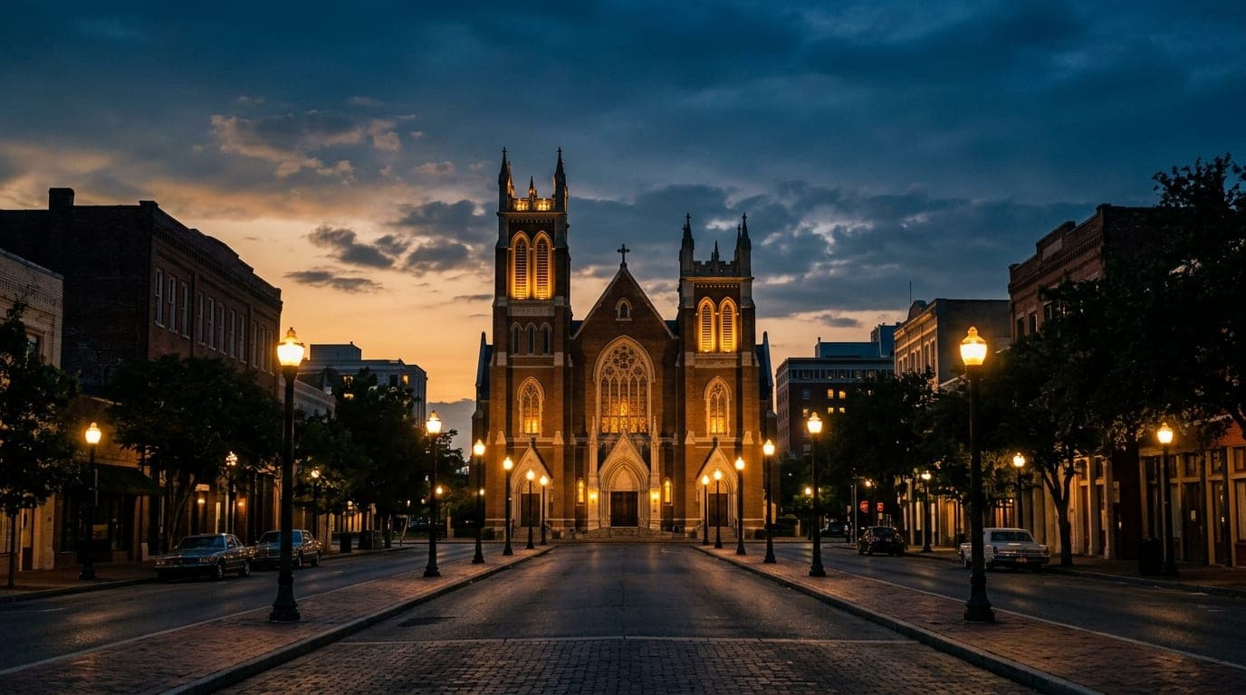 A wide-angle, symmetrical shot of the illuminated Cathedral of St. John the Evangelist at dusk, framed by warm, glowing st...