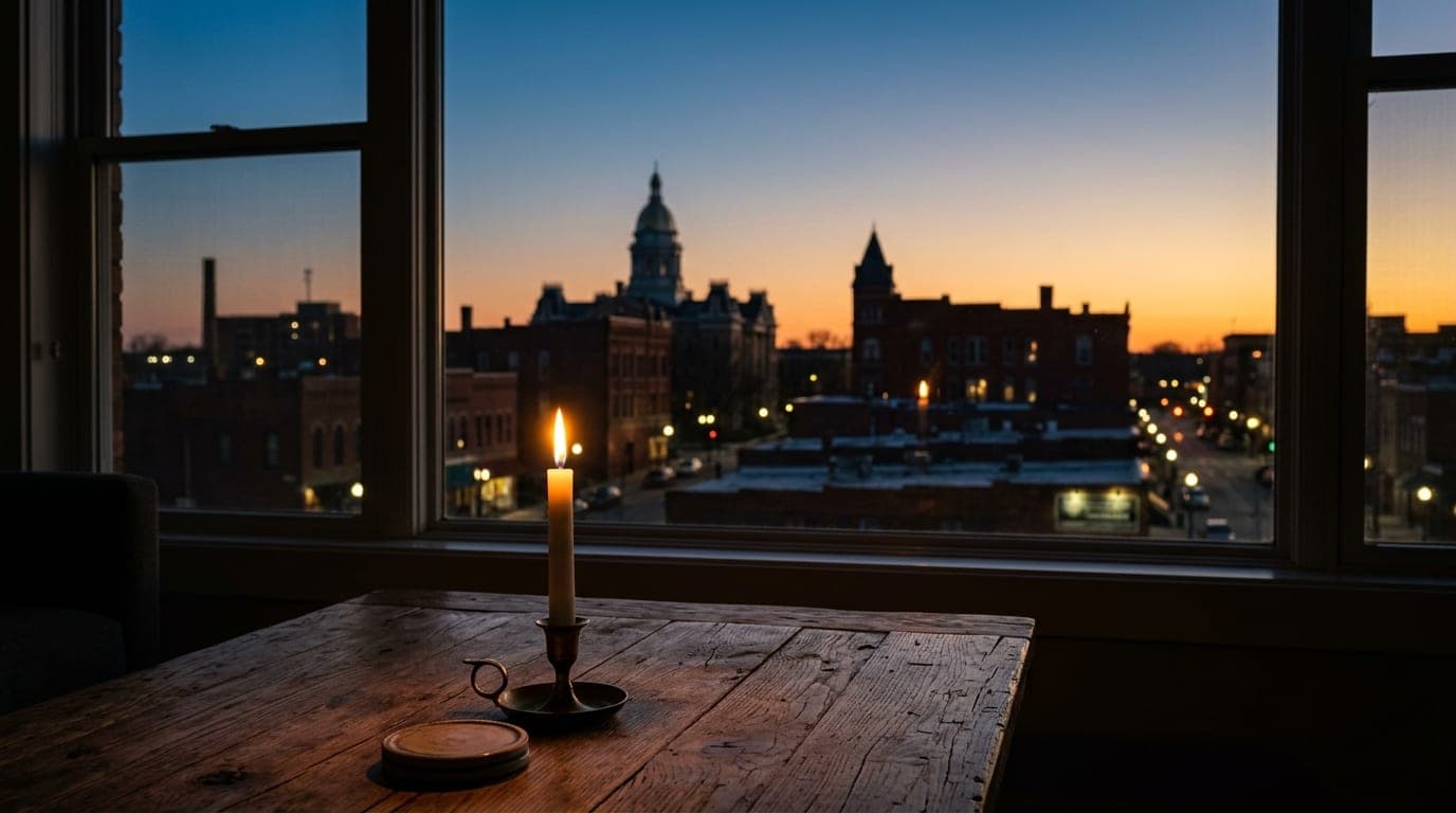 A flickering taper candle rests on a rustic wooden table in the lower third of the frame, its warm glow illuminating the s...