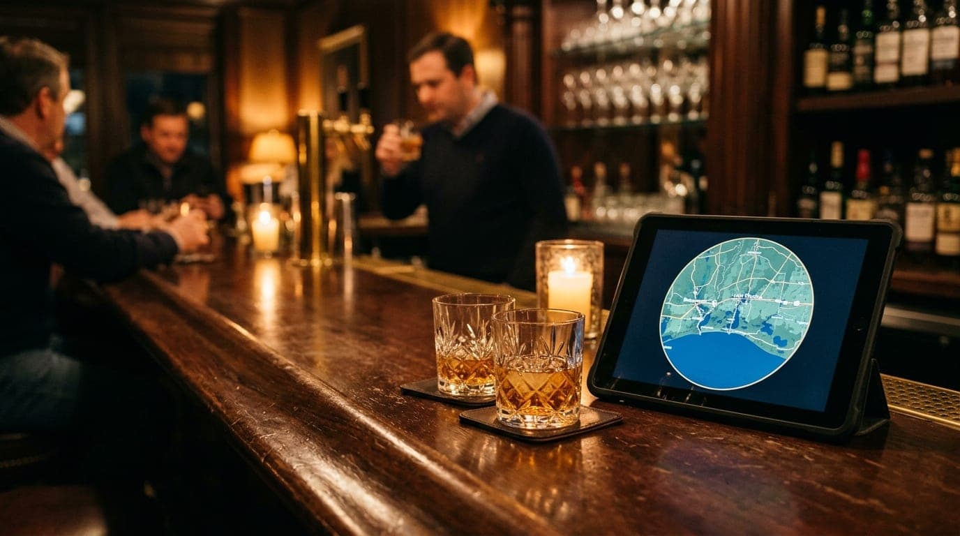 Medium shot of a mahogany bar in a dimly lit Lake Charles lounge. A tablet showing a circular location map spanning to Bea...