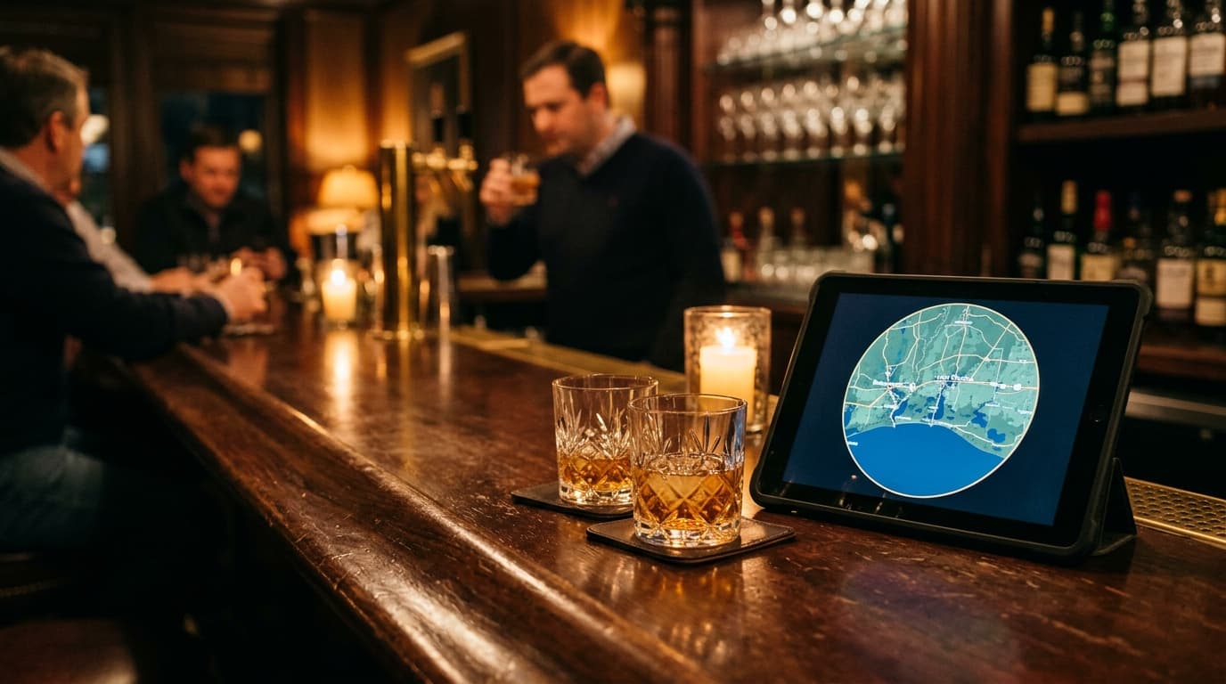 Medium shot of a mahogany bar in a dimly lit Lake Charles lounge. A tablet showing a circular location map spanning to Bea...