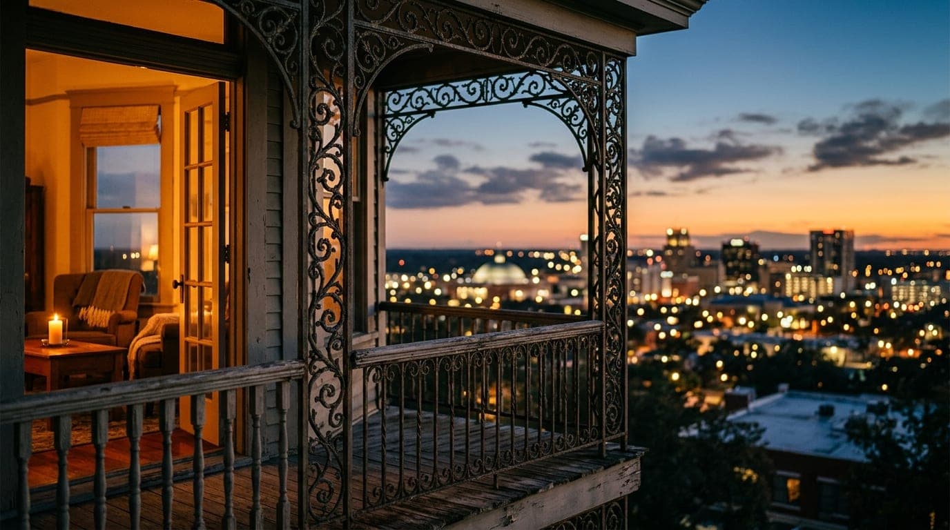 An 85mm medium shot captures the ornate, wrought-iron balcony railing of a historic Lakeland home at dusk, offset left, wi...