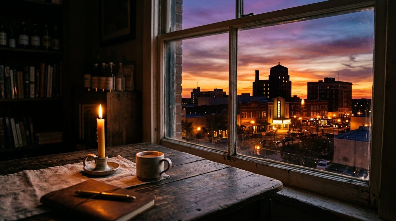 A flickering candle sits on a rustic wooden table inside a dimly lit shop. Through the window, the silhouettes of Lakeland...