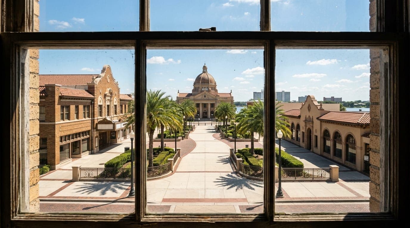 Centered 24mm wide-angle shot through a window at noon, showing the pristine, symmetrical architecture of downtown Lakelan...