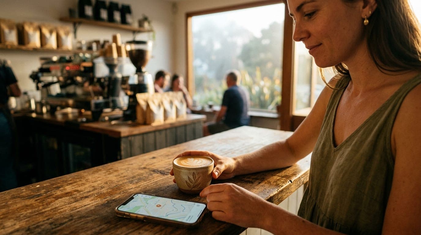 A 35mm documentary shot at golden hour captures an intimate moment: a woman in a linen sundress selects a craft latte at T...
