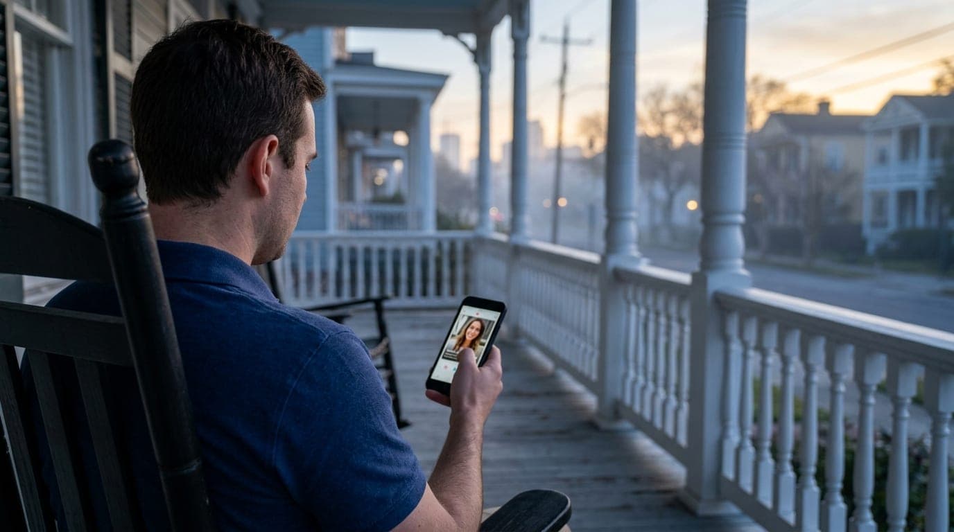 Over-the-shoulder perspective at blue hour: a man in a navy polo shirt sits on the porch of a historic Dixieland house, gl...