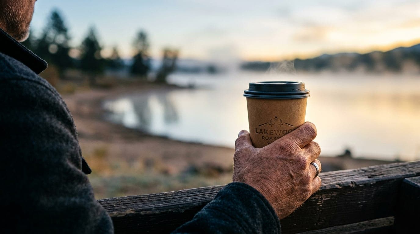 A sun-drenched, rugged hand grips a steaming paper coffee cup embossed with a Lakewood roastery logo, resting on a weather...