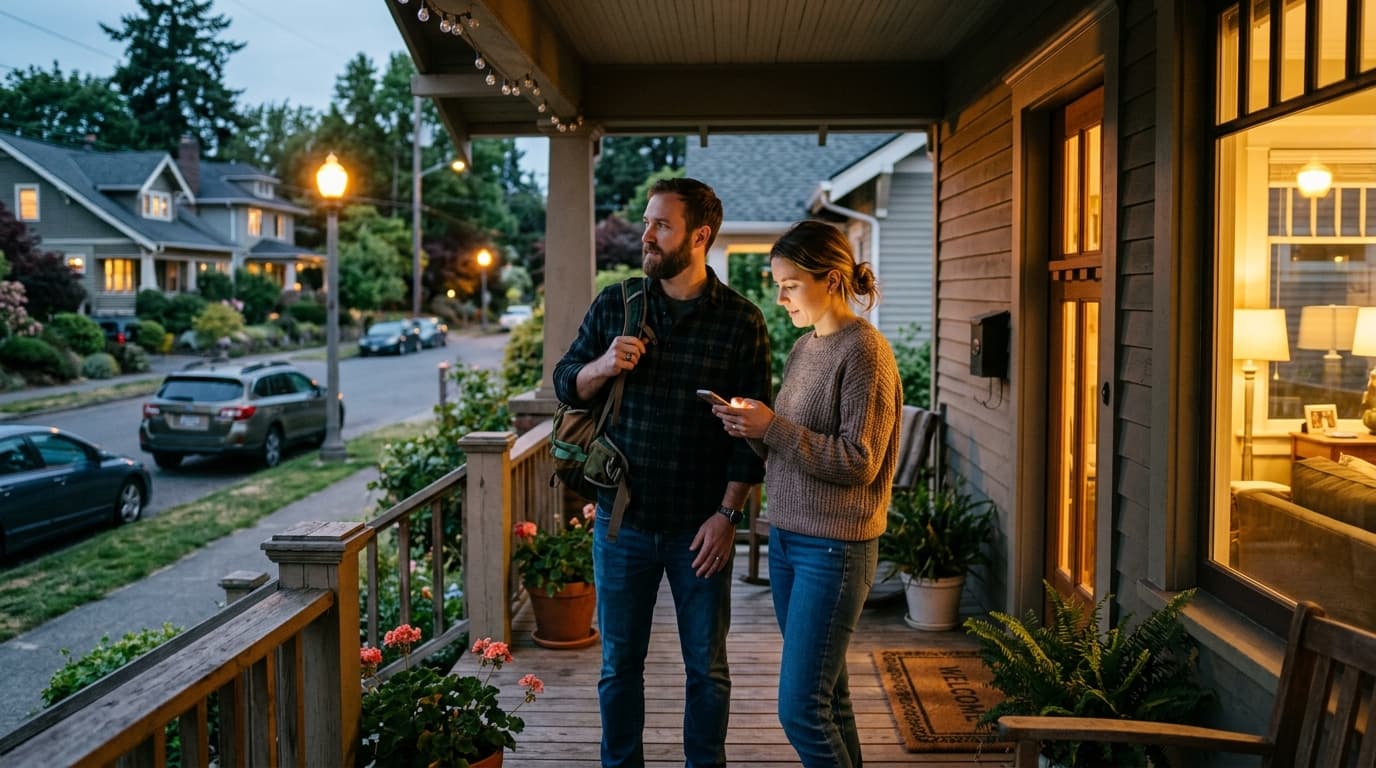 Wide shot, offset left, a couple stands on a suburban Lakewood porch at dusk. The man holds a hiking pack, the woman a sma...