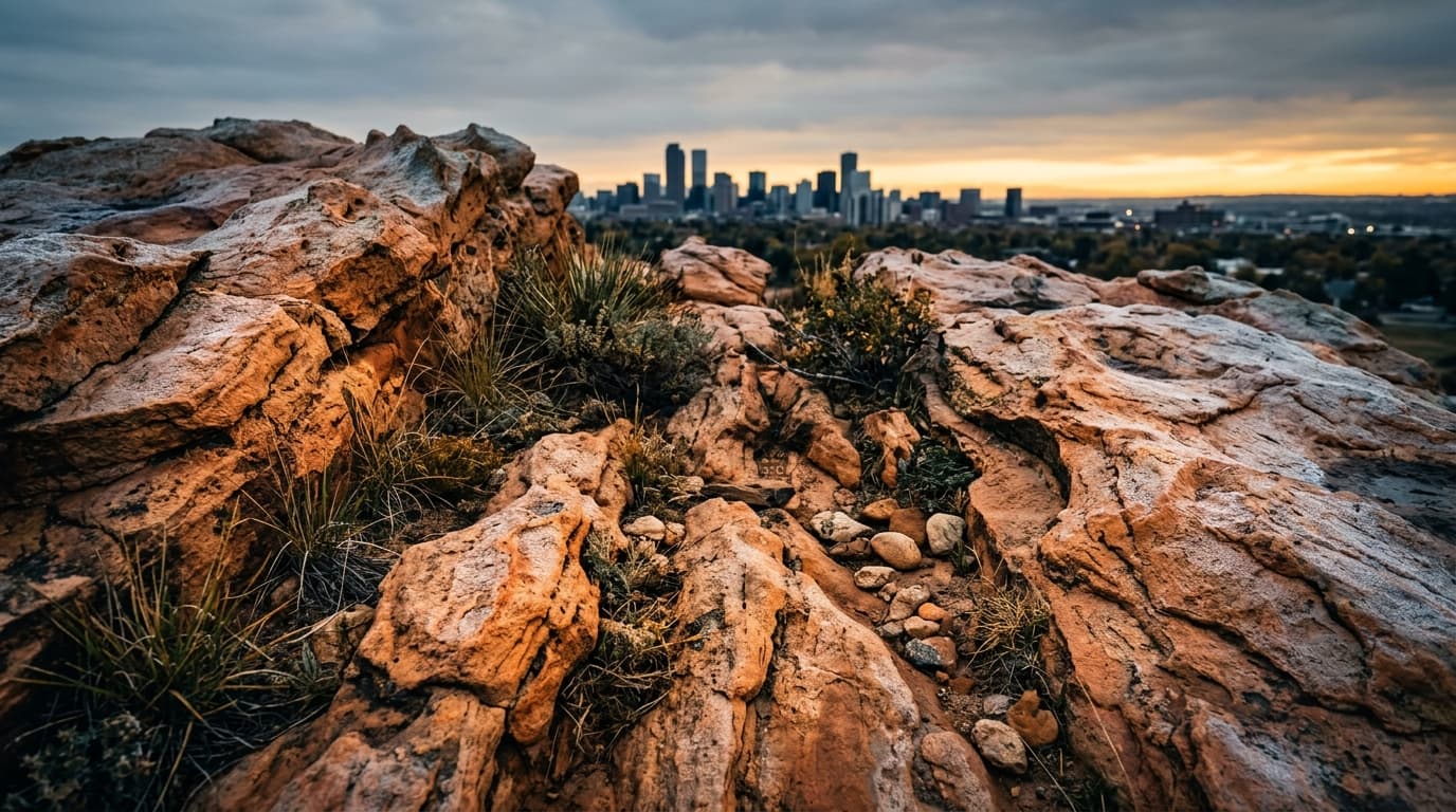 A macro, tight overhead shot of the jagged, sun-bleached sandstone formations at the Trading Post Trail, textured with mor...