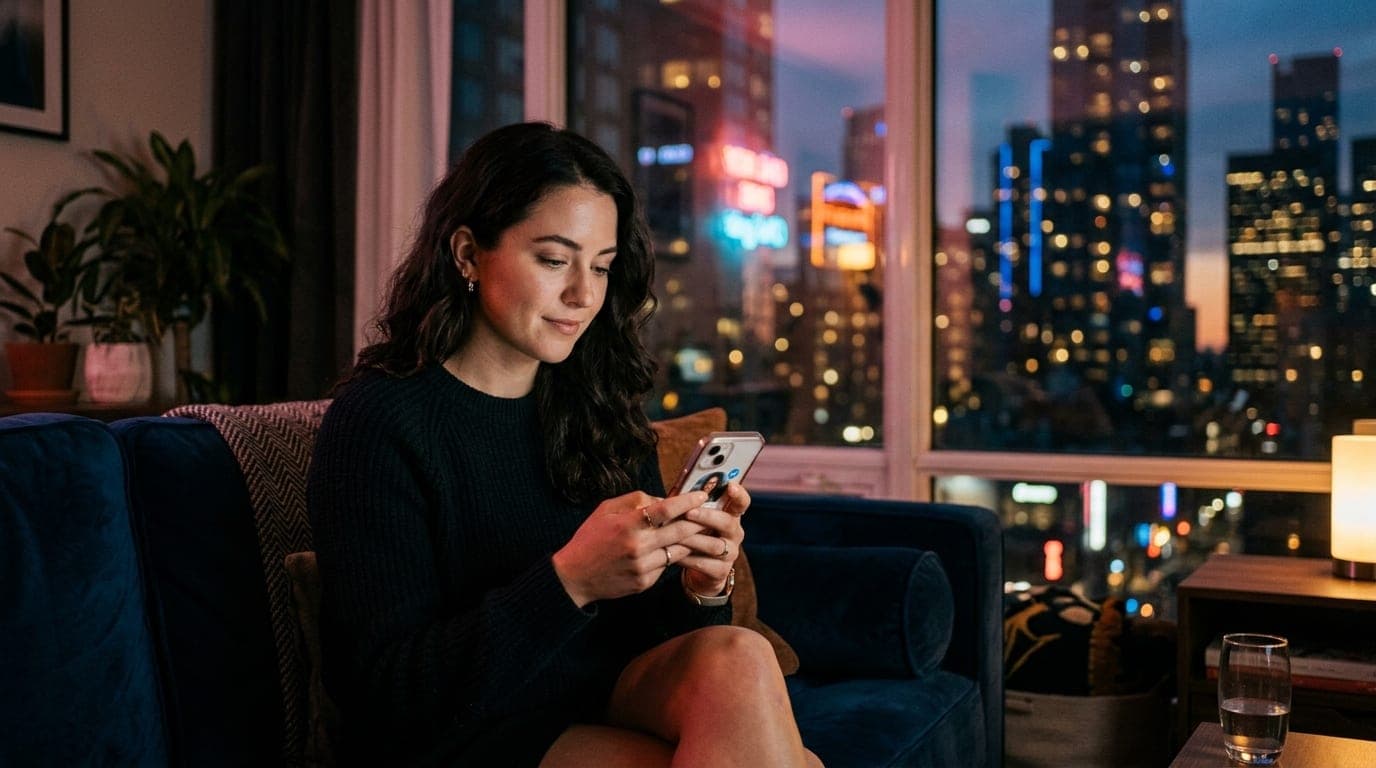 An 85mm portrait with shallow depth of field captures a woman sitting in a dimly lit living room, holding a verified smart...