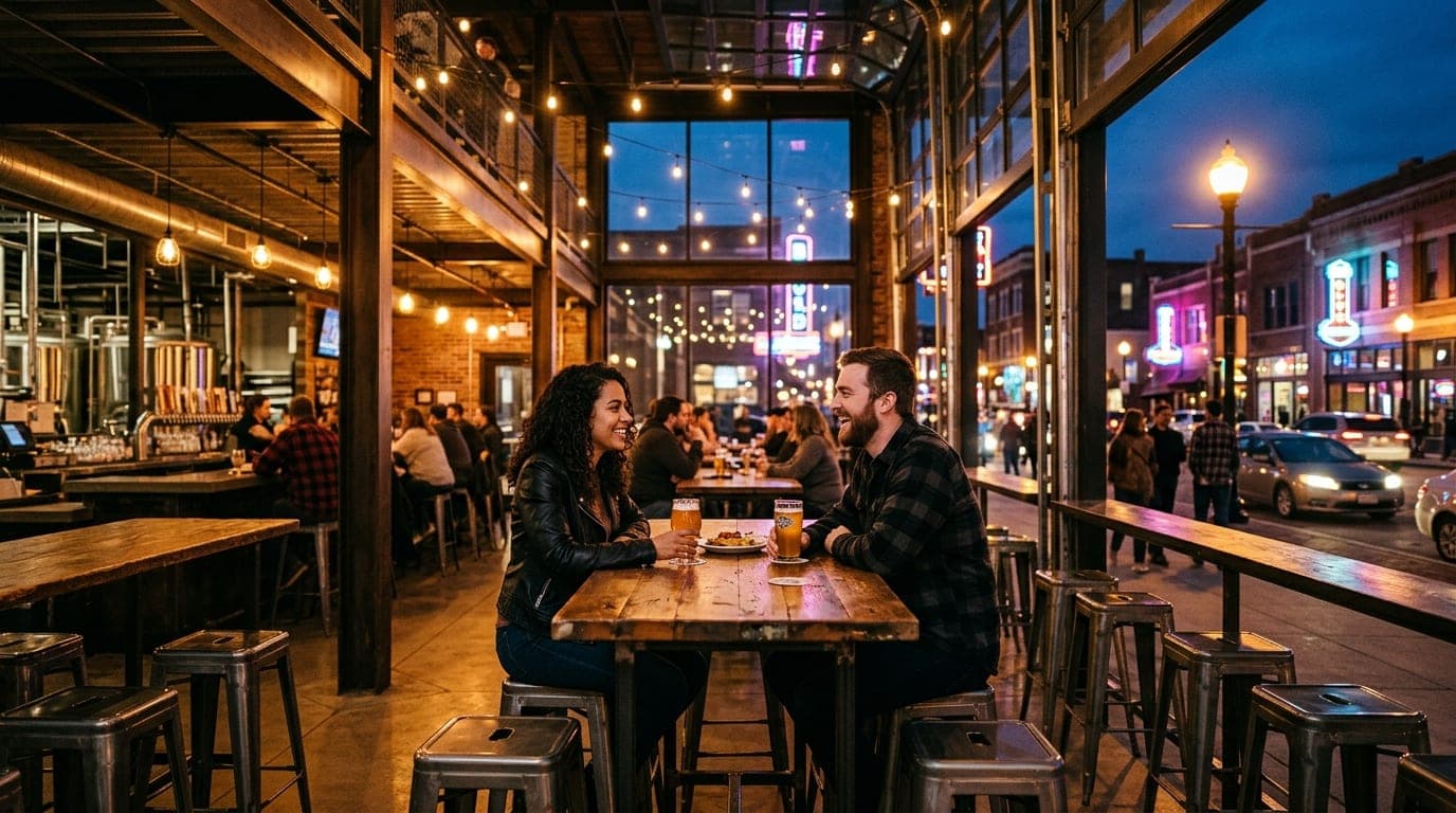A wide 24mm shot shows a couple sitting at a high-top table at Kinetic Brewing. Warm tungsten lights illuminate the indust...