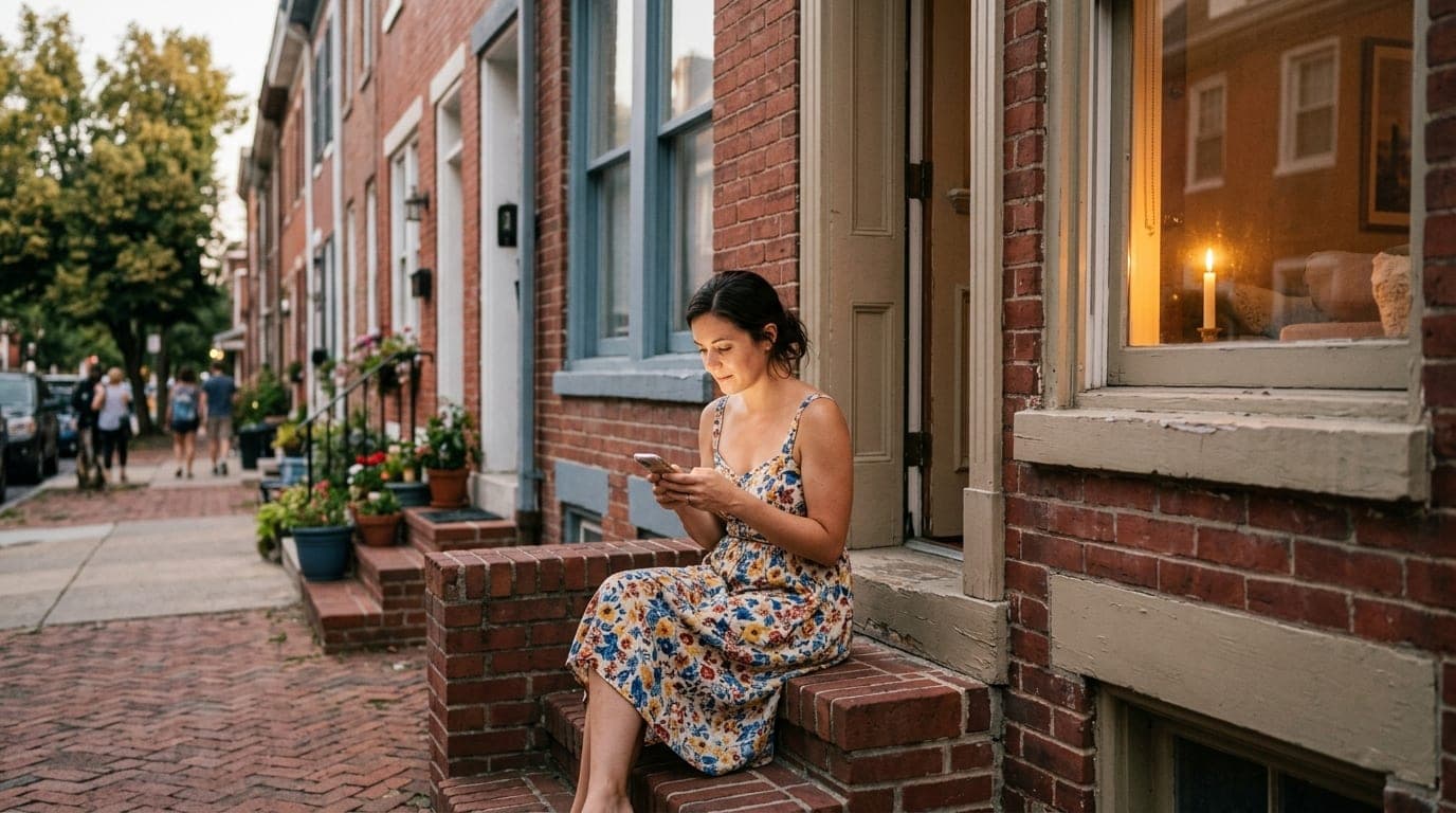 A medium shot captures a woman sitting on a weathered brick stoop in Lancaster, candle-lit from a nearby window, holding a...