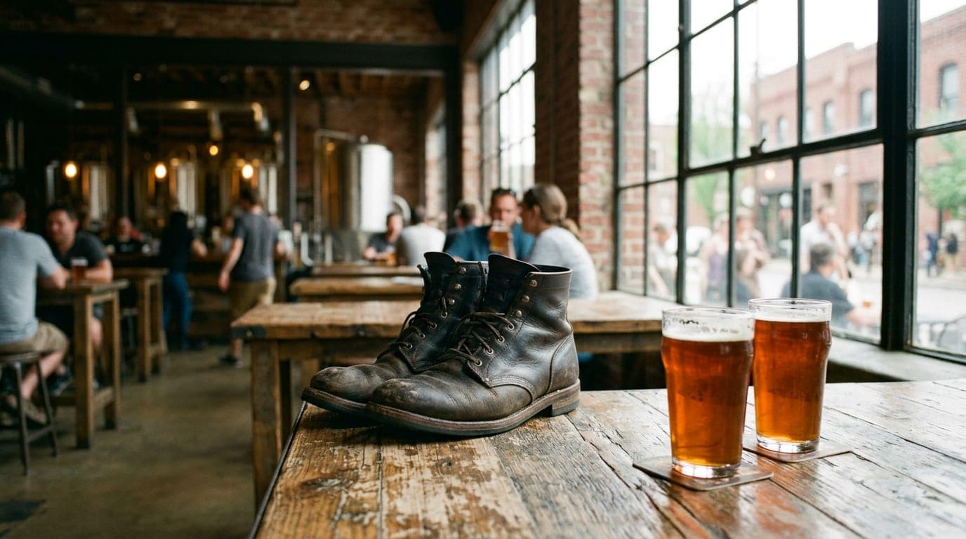 A pair of worn leather boots rests on a weathered wooden high-top table at a craft brewery. Soft noon light streams throug...