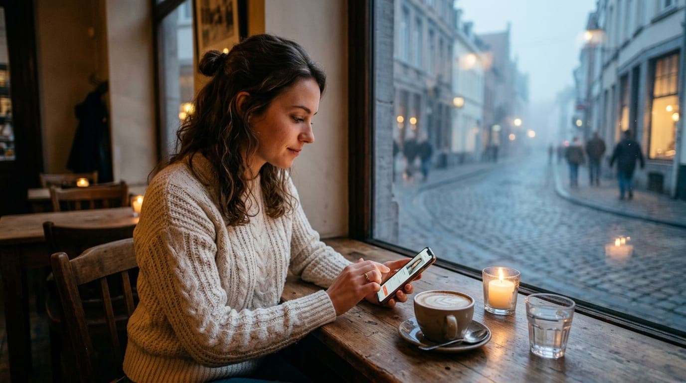 A woman in a cream cable-knit sweater sits offset left at a warm, candle-lit wooden table, tapping an open profile on a sm...