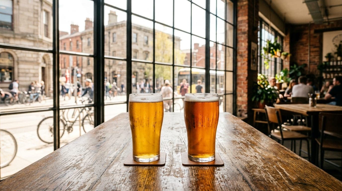 A wide-angle, centered shot of two chilled glasses of craft beer sitting on a worn wooden table at Kinetic Brewing, illumi...