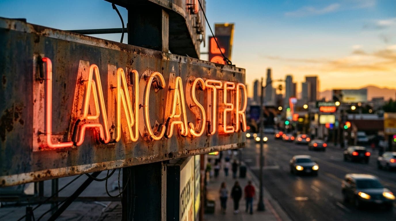 An extreme close-up of a weathered, sun-drenched neon sign spelling "Lancaster" on the Boulevard. A shallow depth of field...