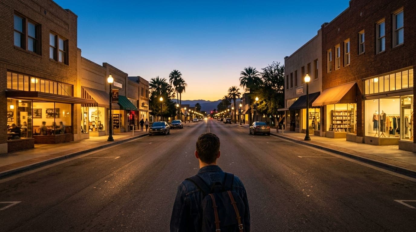 A 24mm wide-angle, symmetric shot of Lancaster Boulevard at blue hour. The illuminated storefronts of downtown glow beneat...