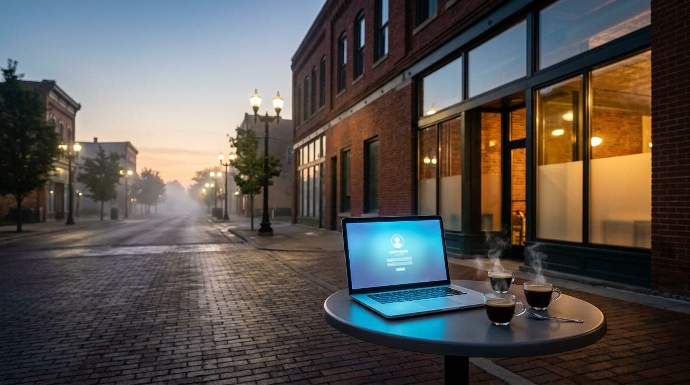 A wide establishing shot of a quiet Lansing street at night. A lone, glowing laptop sits on an outdoor cafe table in REO T...