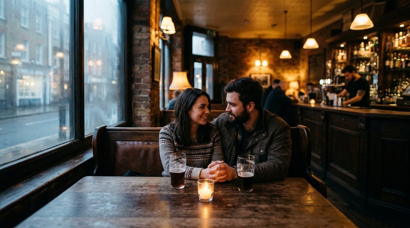 A medium shot, candle-lit interior of a vintage bar. A couple sits at a wooden booth, hands gently touching near two half-...