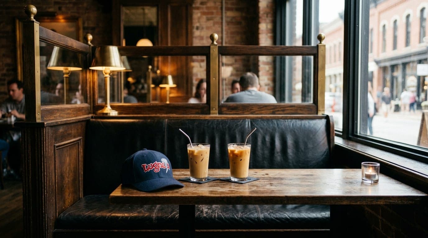 A symmetric, wide-angle shot of a leather booth at an Old Town cafe. Two iced coffees sit on the table beside a Lansing Lu...