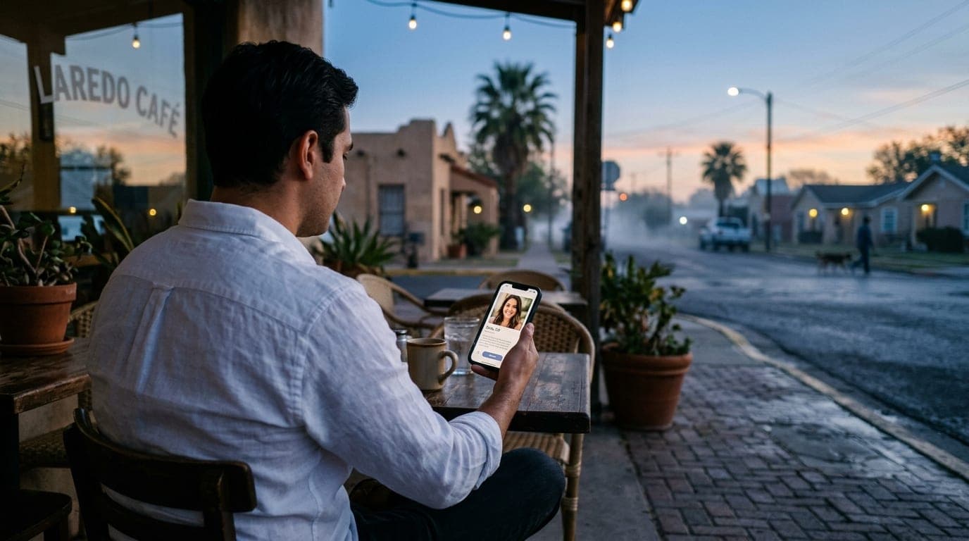 Over-the-shoulder view of a man in a crisp white linen shirt, holding a phone displaying a profile. He sits at a quiet out...