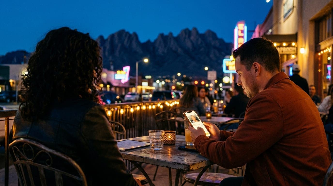 A couple sits at an outdoor bistro table, a smartphone screen displaying a profile glowing in the blue hour. Behind them,...