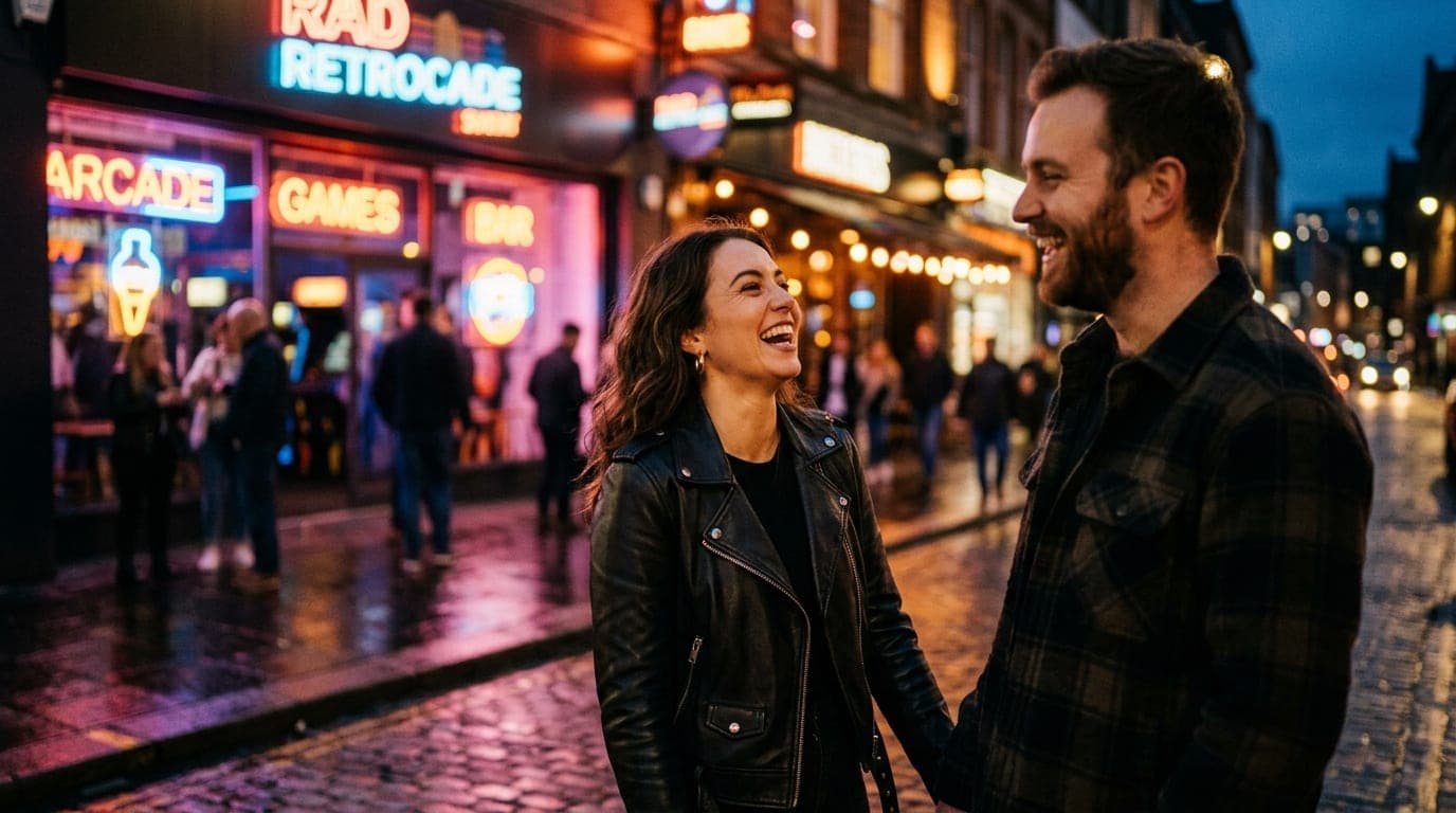 Low-angle 85mm shot, shallow depth of field. A couple laughs near neon arcade signage at Rad Retrocade. The subject, a wom...