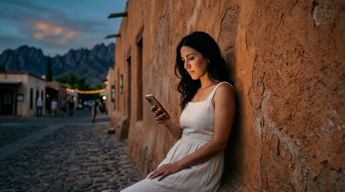 A woman in a linen sundress leans against a rustic adobe wall in Mesilla at dusk. An iPhone held in her hand glows, castin...