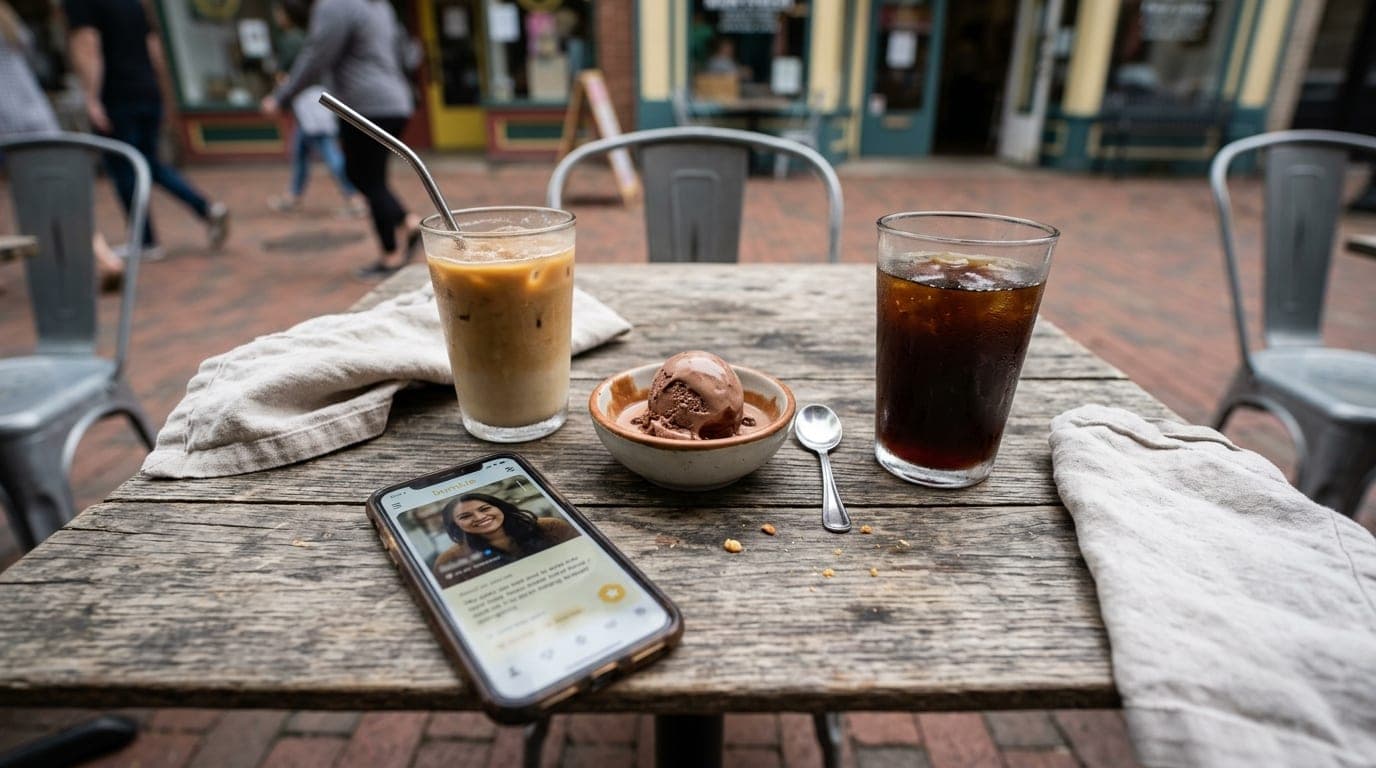 Overhead flat-lay on a weathered wooden cafe table at a Main Street plaza. Two iced coffees, a melting scoop of ice cream,...