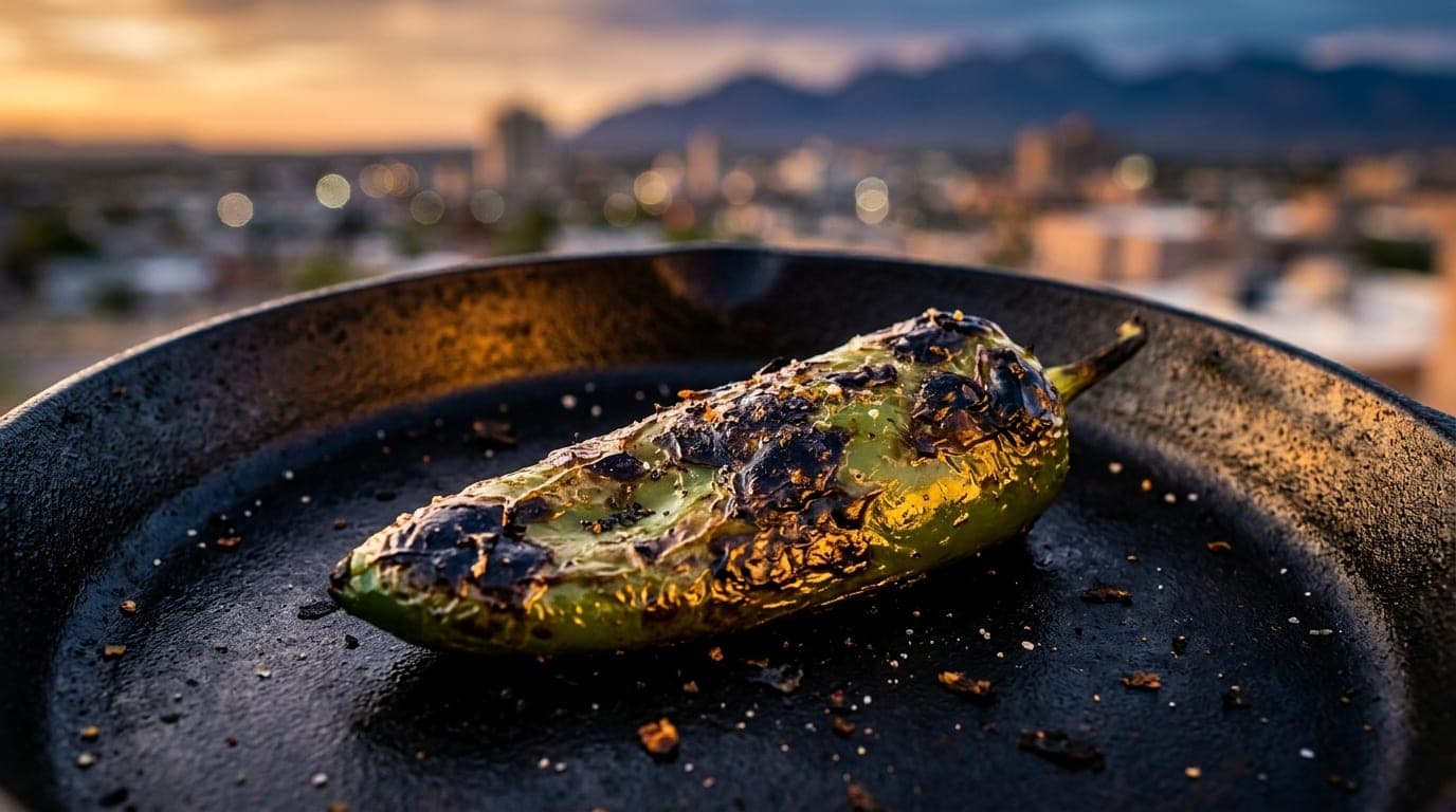 Extreme macro tilt-shift of a roasted green chile charred on a cast-iron skillet, glowing under golden hour light, with th...