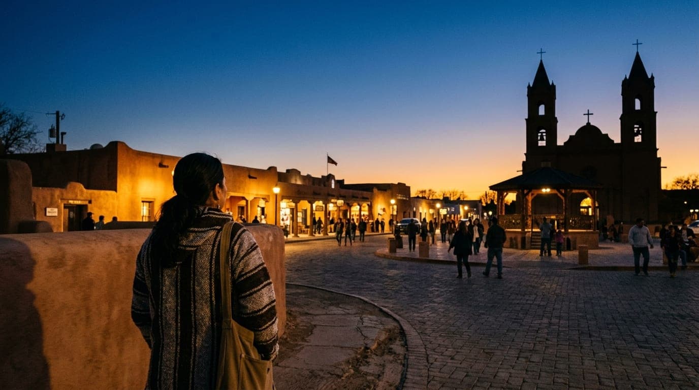 The terracotta walls of Old Mesilla Plaza glow under the deep indigo sky of blue hour, with the historic church steeple si...