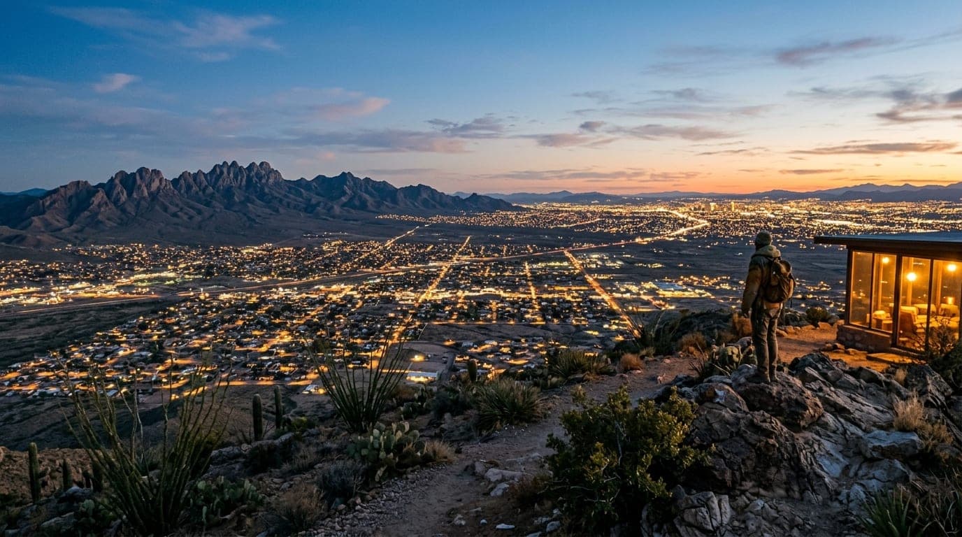 A wide-angle view of the Mesilla Valley from a desert ridge at twilight, focusing on the illuminated grid of Las Cruces, w...