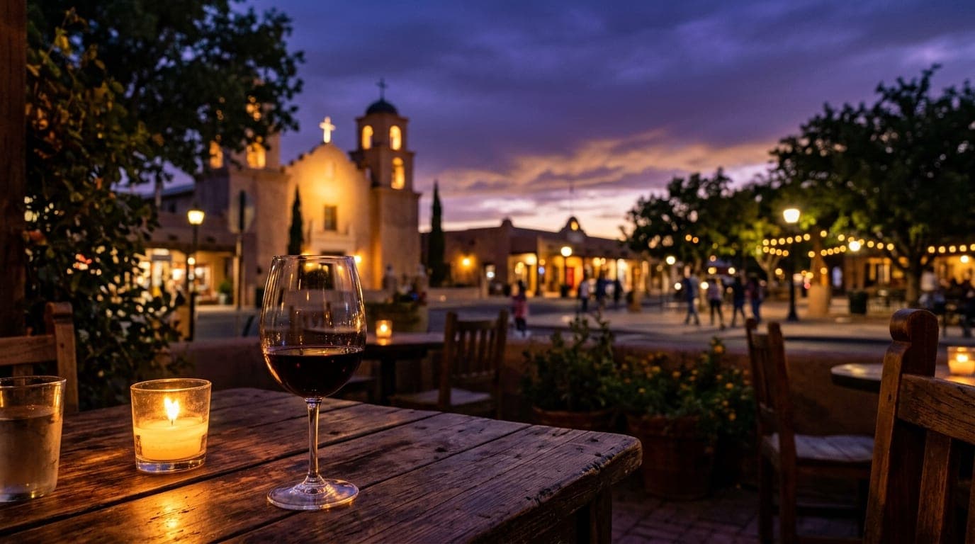 A warm, candle-lit wooden table at El Patio features a half-empty wine glass, softly blurring the historic, illuminated Me...