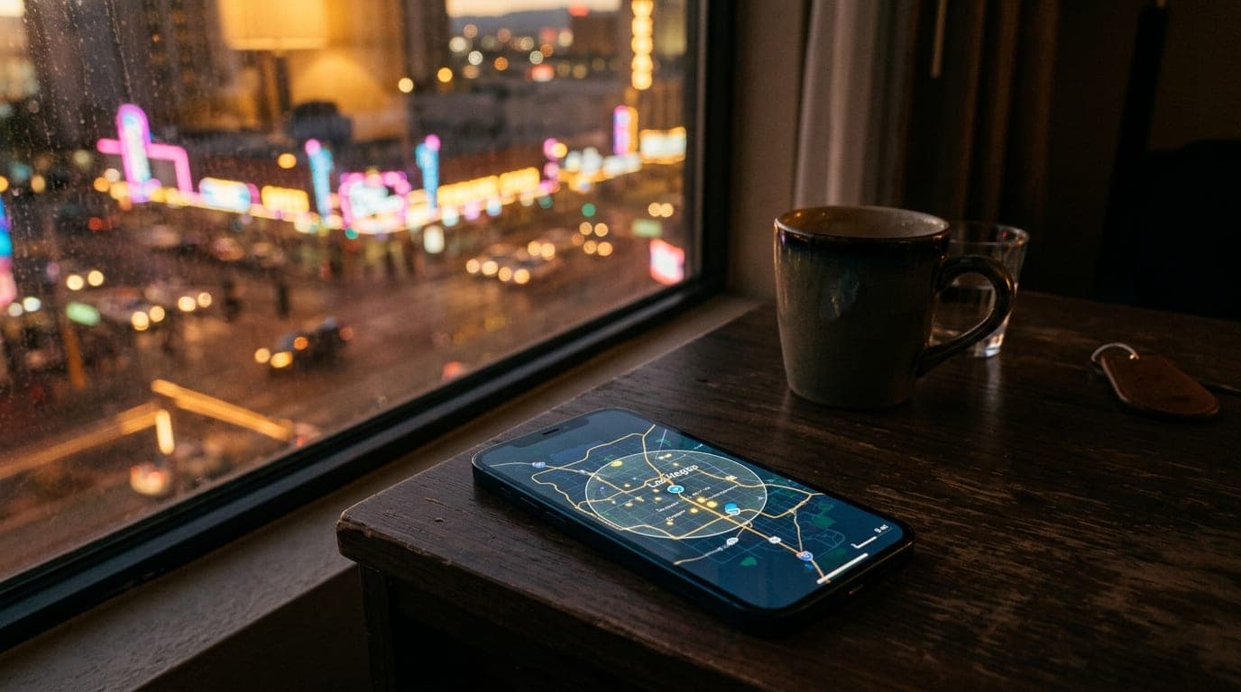A smartphone screen displays an active Las Vegas map showing a five-mile radius. It sits on a dark wooden hotel bedside ta...