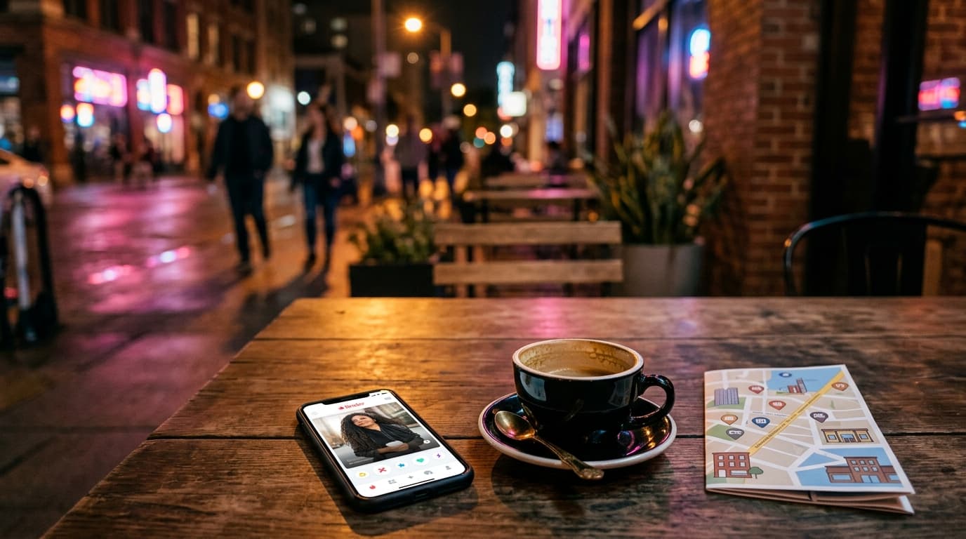 Overhead flat-lay of a wooden café table in the Arts District. A single smartphone screen shows a Tinder bio, resting next...