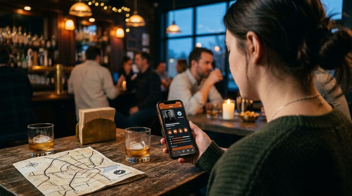 Over-the-shoulder view at a dimly lit NoLi cocktail bar. An open smartphone displays a verified dating profile. Two half-p...