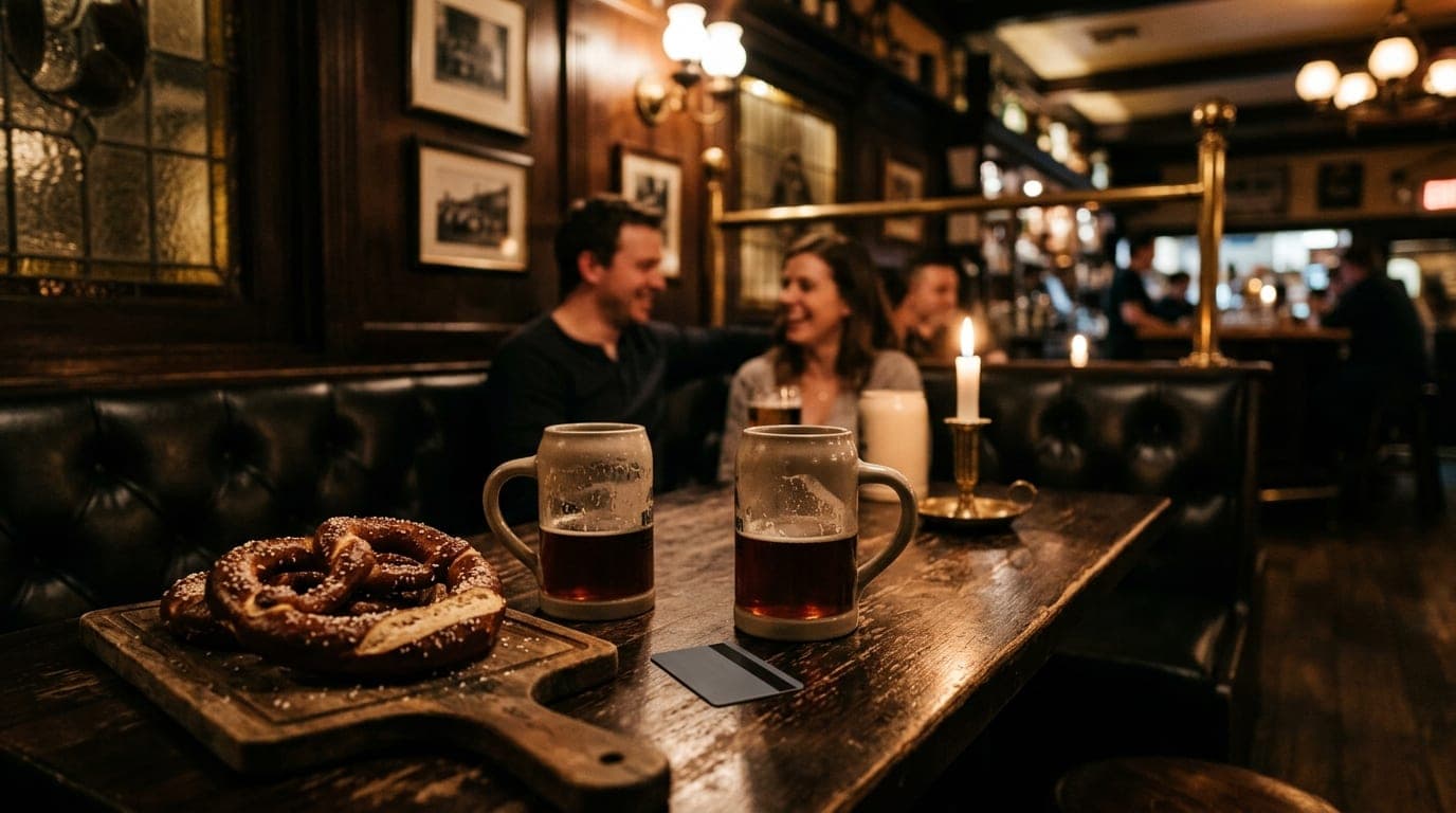 A low-angle shot inside a dimly lit corner booth at Marikka’s. A large, salt-dusted pretzel sits on a wooden board beside...